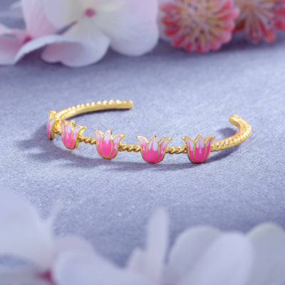 Estele Gold Plated Pink Enamelled Lotus Designer Enchanting Cuff Bracelet for Girl's & Women