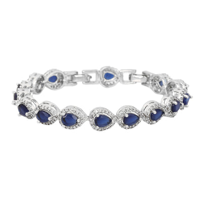 Estele Rhodium Plated CZ Drop Designer Bracelet with Blue Stones for Women