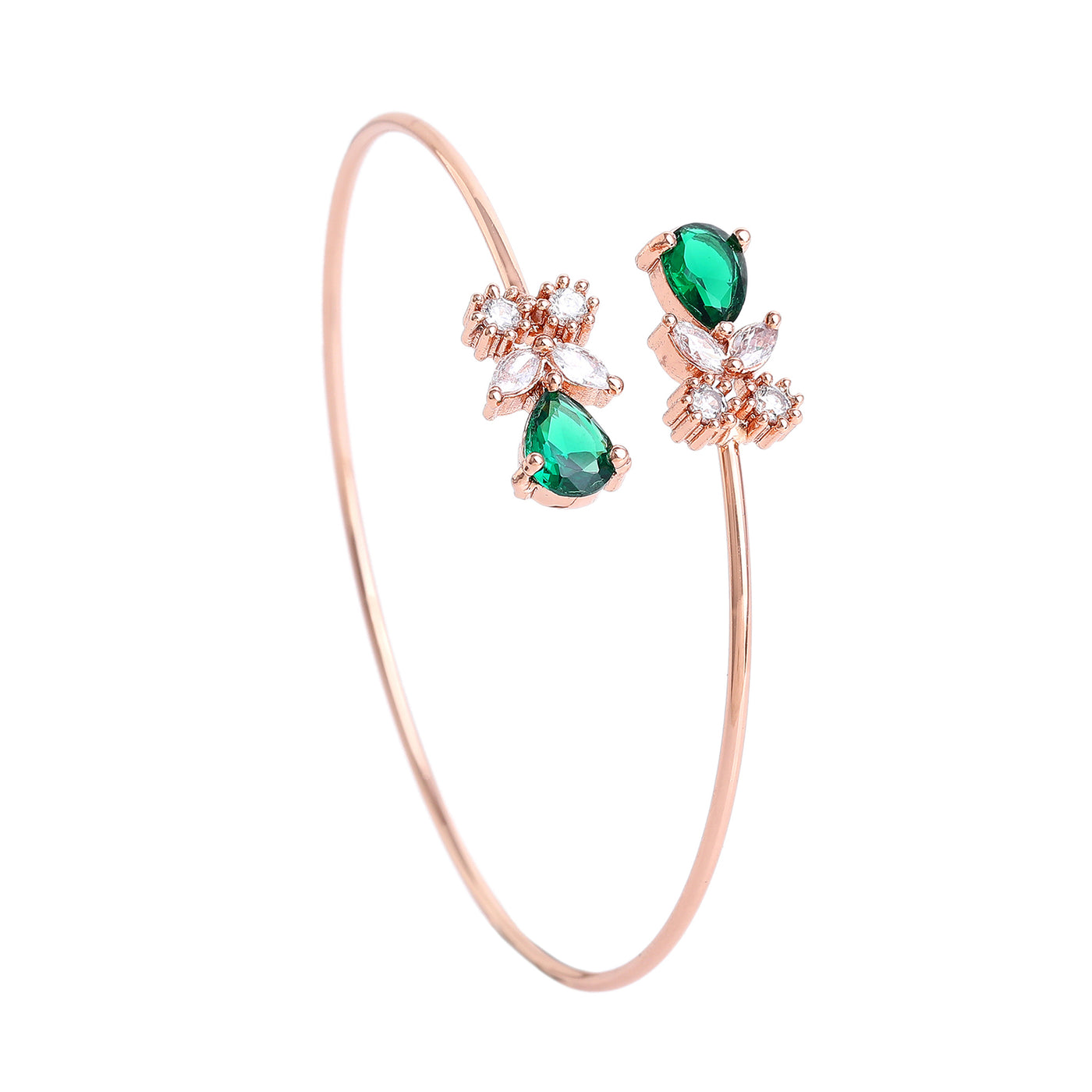 Estele Rosegold Plated Timeless Lightweight Cuff Kada Bracelet with Green American Diamonds | Sparkling Shine for Women