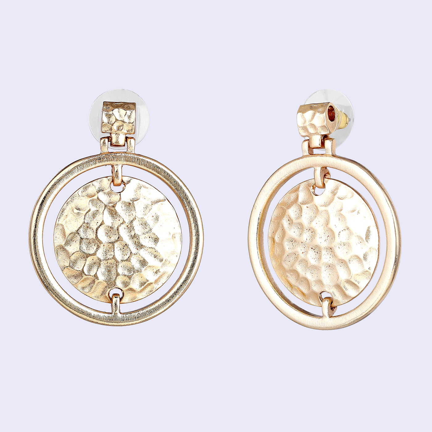 Estele Gold Tone Dual Circular Pattern Beaten Gold Drop Earrings for Women