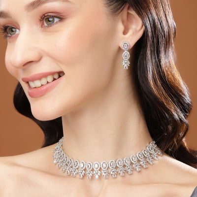 Estele Rhodium Plated CZ Exquisite Necklace Set for Women