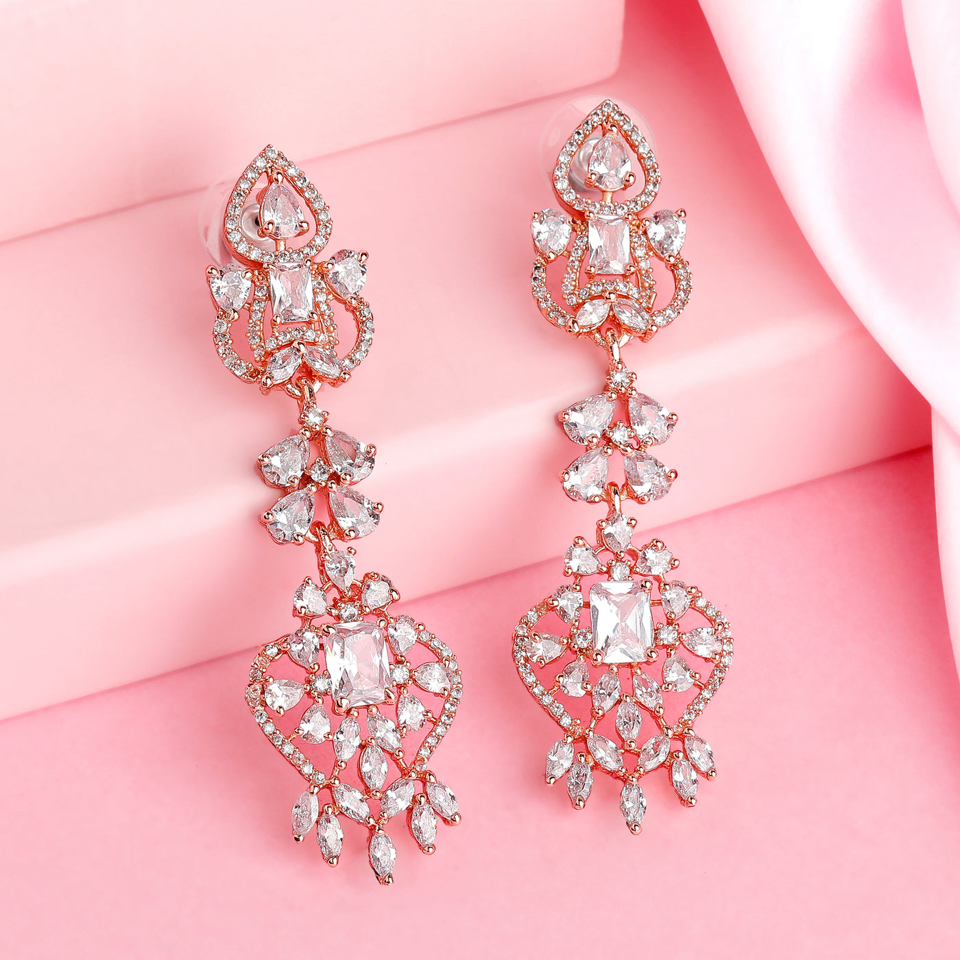 Estele Rose Gold Plated CZ Magnificent Drop Earrings with White Crystals for Women
