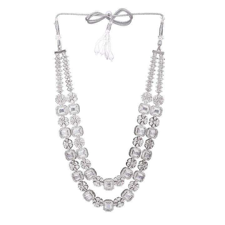 Estele Rhodium Plated CZ Ravishing Designer Double Layered Necklace Set with White Crystals for Women