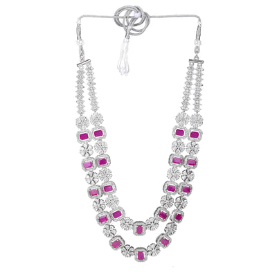 Estele Rhodium Plated CZ Captivating Double Layered Necklace Set with Ruby & White Crystals for Women