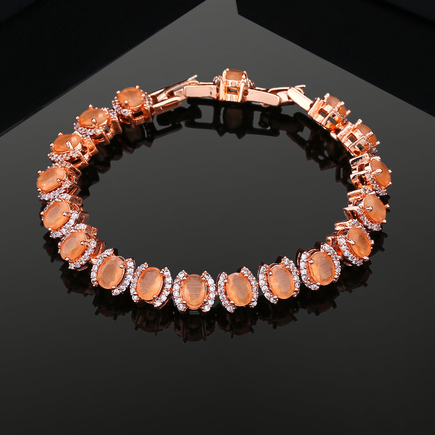 Estele Rose Gold Plated CZ Dazzling Bracelet with Mint Orange Stones for Women