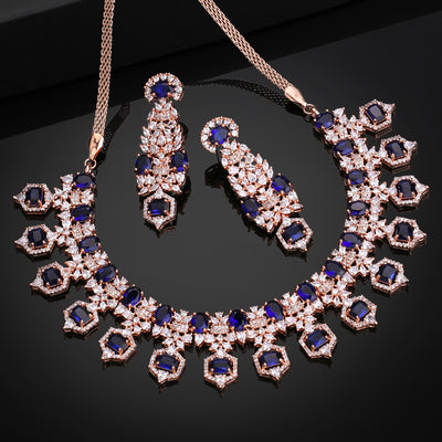 Estele Rose Gold Plated CZ Astonishing Necklace Set with Blue Stones for Women