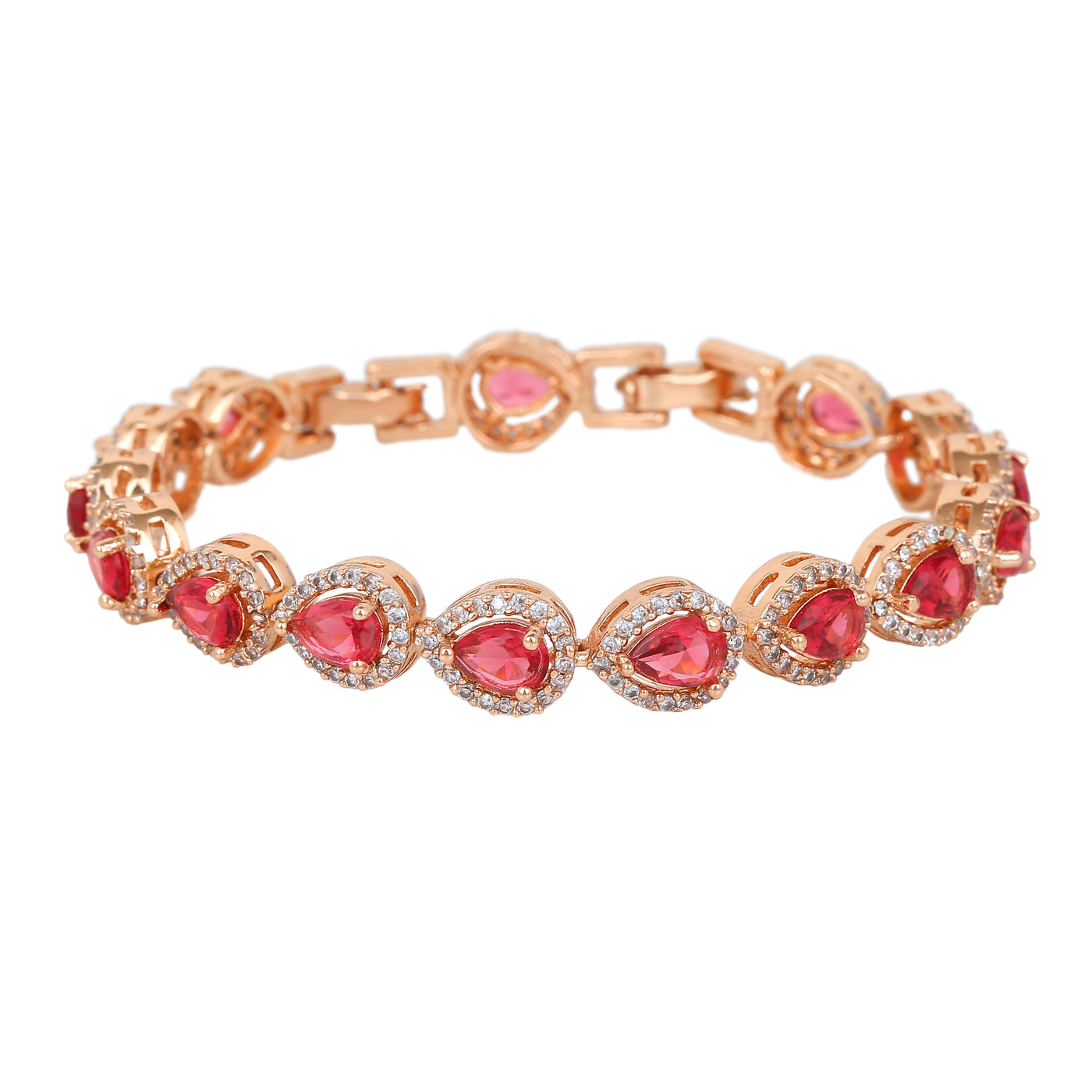 Estele Rose Gold Plated CZ Classic Drop Designer Bracelet with Tourmaline Pink Stones for Women