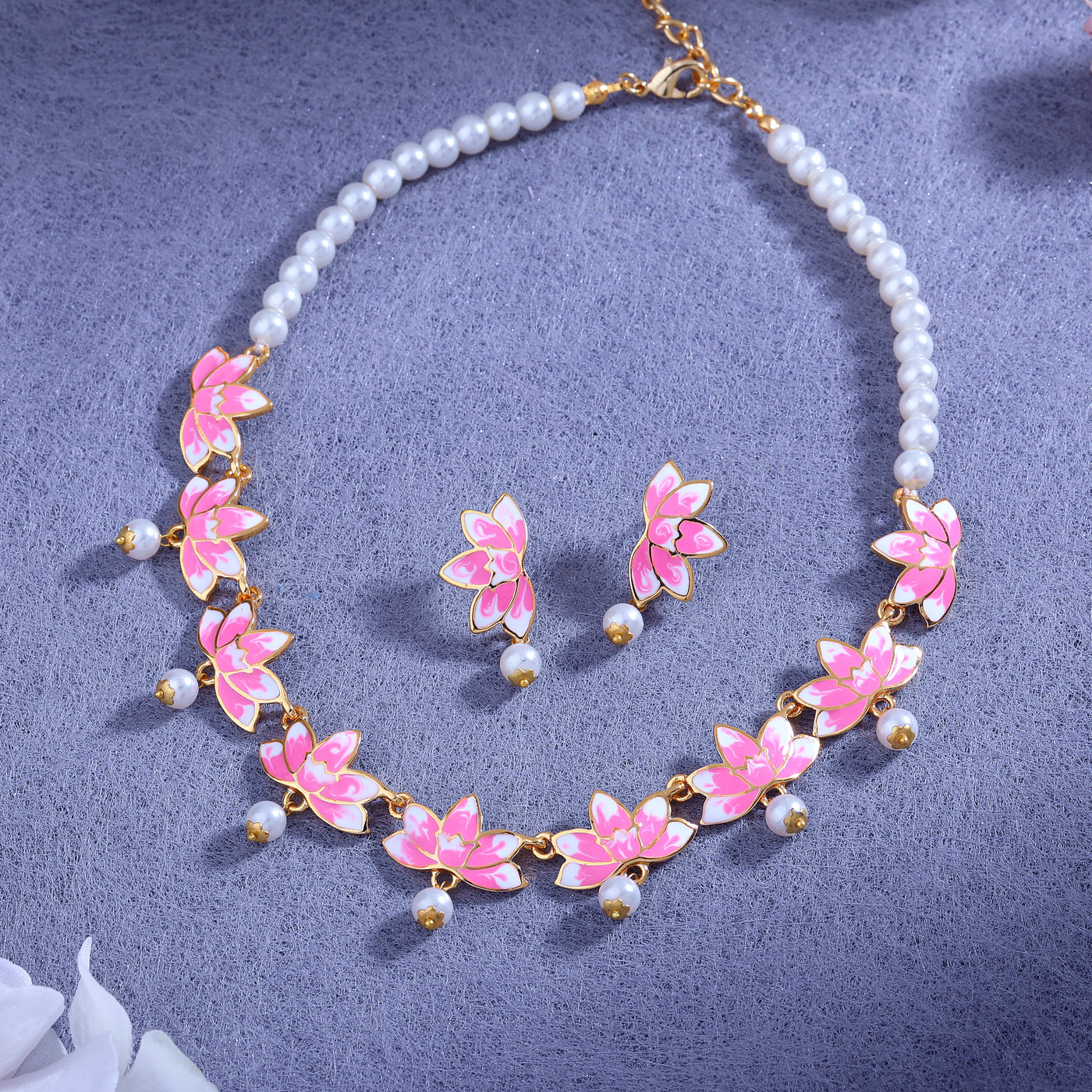 Estele Gold Plated Alluring Lotus Designer Pearl Necklace Set with Pink Enamel for Girl's & Women