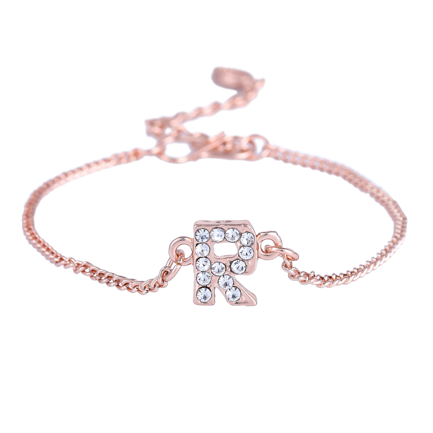 Estele Rose Gold Plated Captivating Medium 'R' Letter Bracelet with Crystals for Women