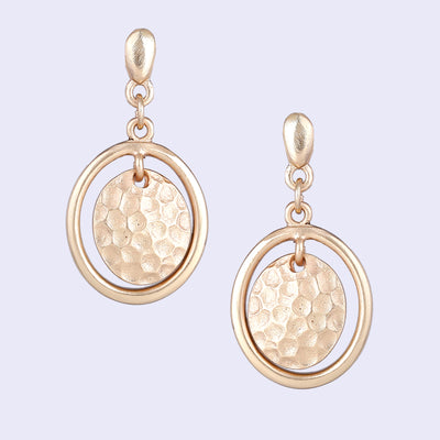 Estele Gold Tone Classy Double Circular Design Beaten Gold Drop & Dangle Earrings for Women