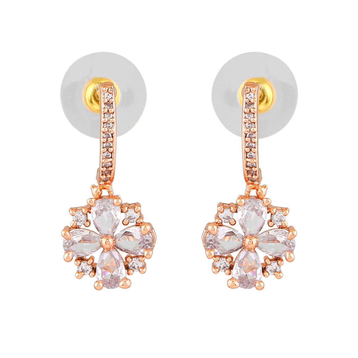 Estele Rose Gold Plated CZ Flower Designer Drop Earrings for Women