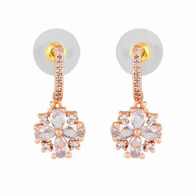 Estele Rose Gold Plated CZ Flower Designer Drop Earrings for Women