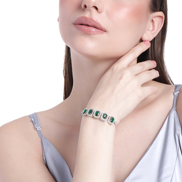 Estele Rhodium Plated CZ Ossum Octagon Bracelet With Emerald Crystals for Women
