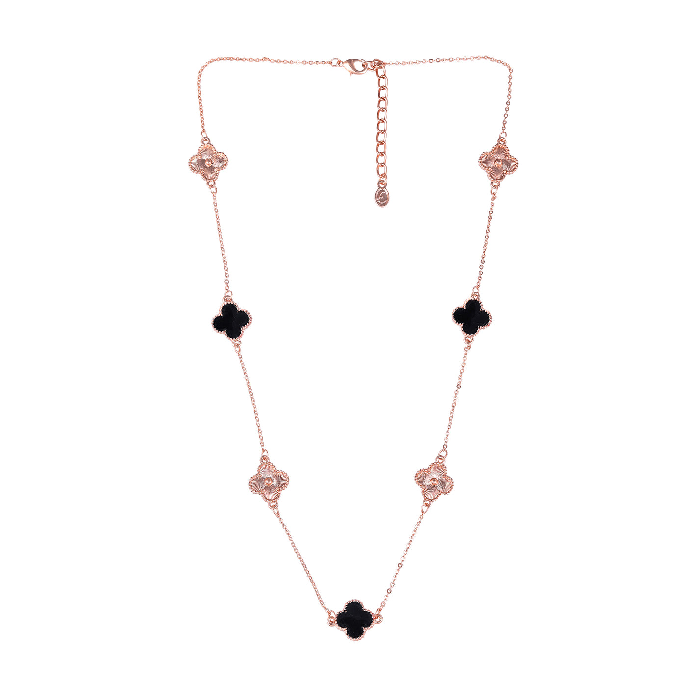 Estele Rosegold Plated Black Enamel Elegant Four Leafy Designer Long Pendant Necklace with Adjustable Chain for Women and Girls