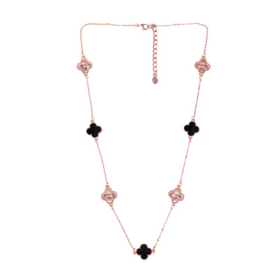 Estele Rosegold Plated Black Enamel Elegant Four Leafy Designer Long Pendant Necklace with Adjustable Chain for Women and Girls