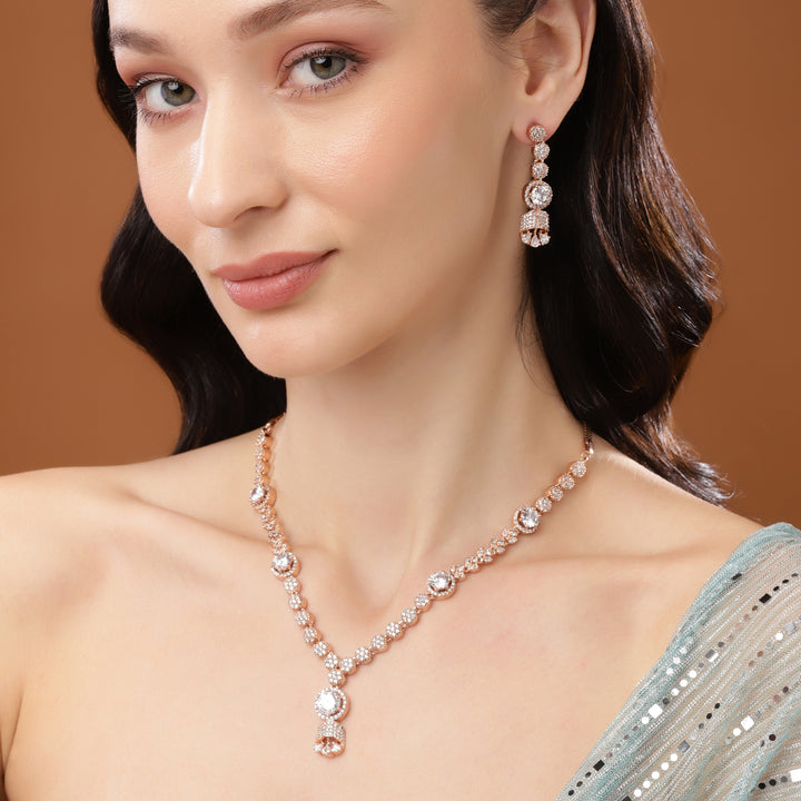Estele Rose Gold Plated CZ Exquisite Necklace Set for Women
