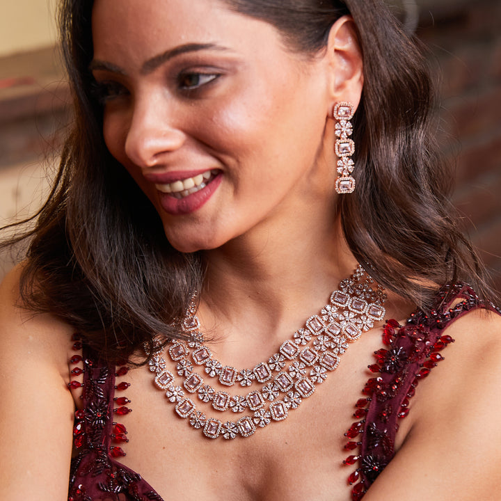 Estele Rose Gold Plated CZ Dazzling Three Layered Dulhan Necklace Set with White Stones for Women