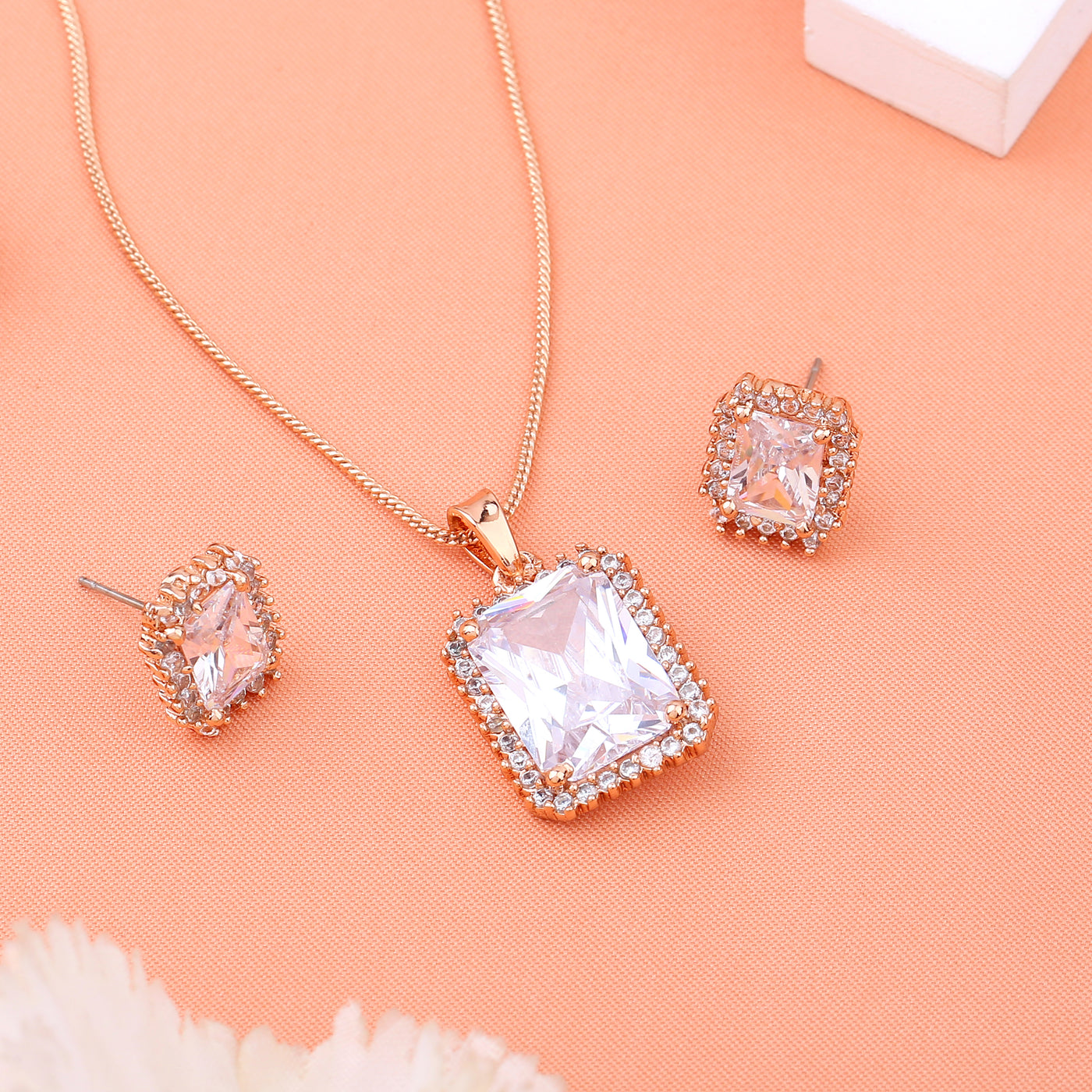 Estele Rose Gold Plated CZ Square Designer Pendant Set for Women