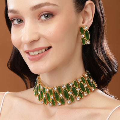 Estele Gold Plated Captivating Necklace Set with Green & White Stones for Women