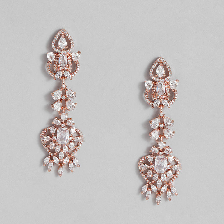 Estele Rose Gold Plated CZ Magnificent Drop Earrings with White Crystals for Women