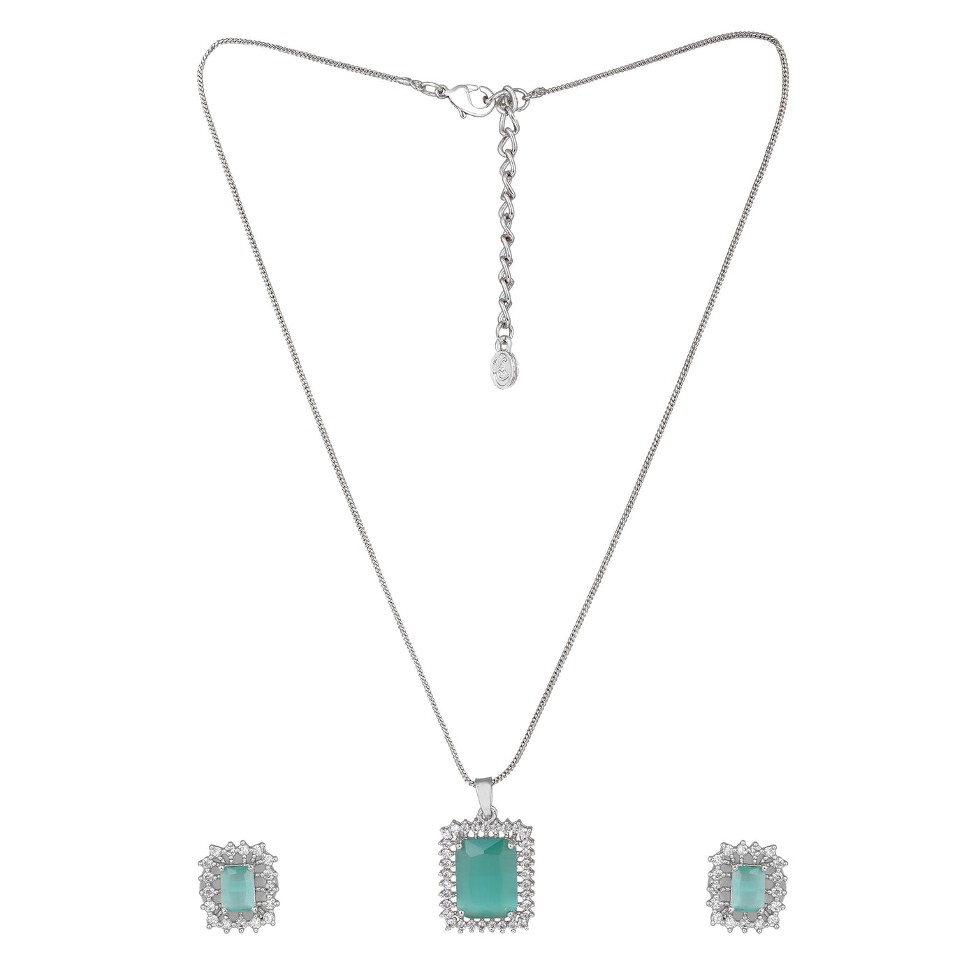 Estele Rhodium Plated CZ Square Designer Pendant set with Mint Green Stones for Women