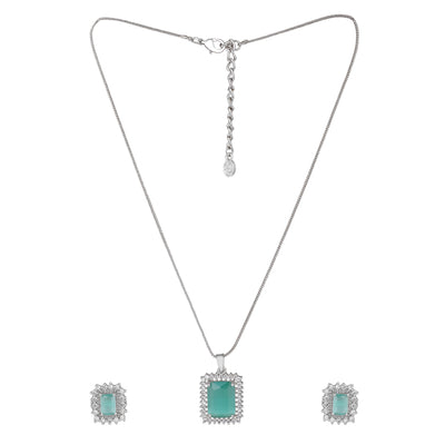 Estele Rhodium Plated CZ Square Designer Pendant set with Mint Green Stones for Women