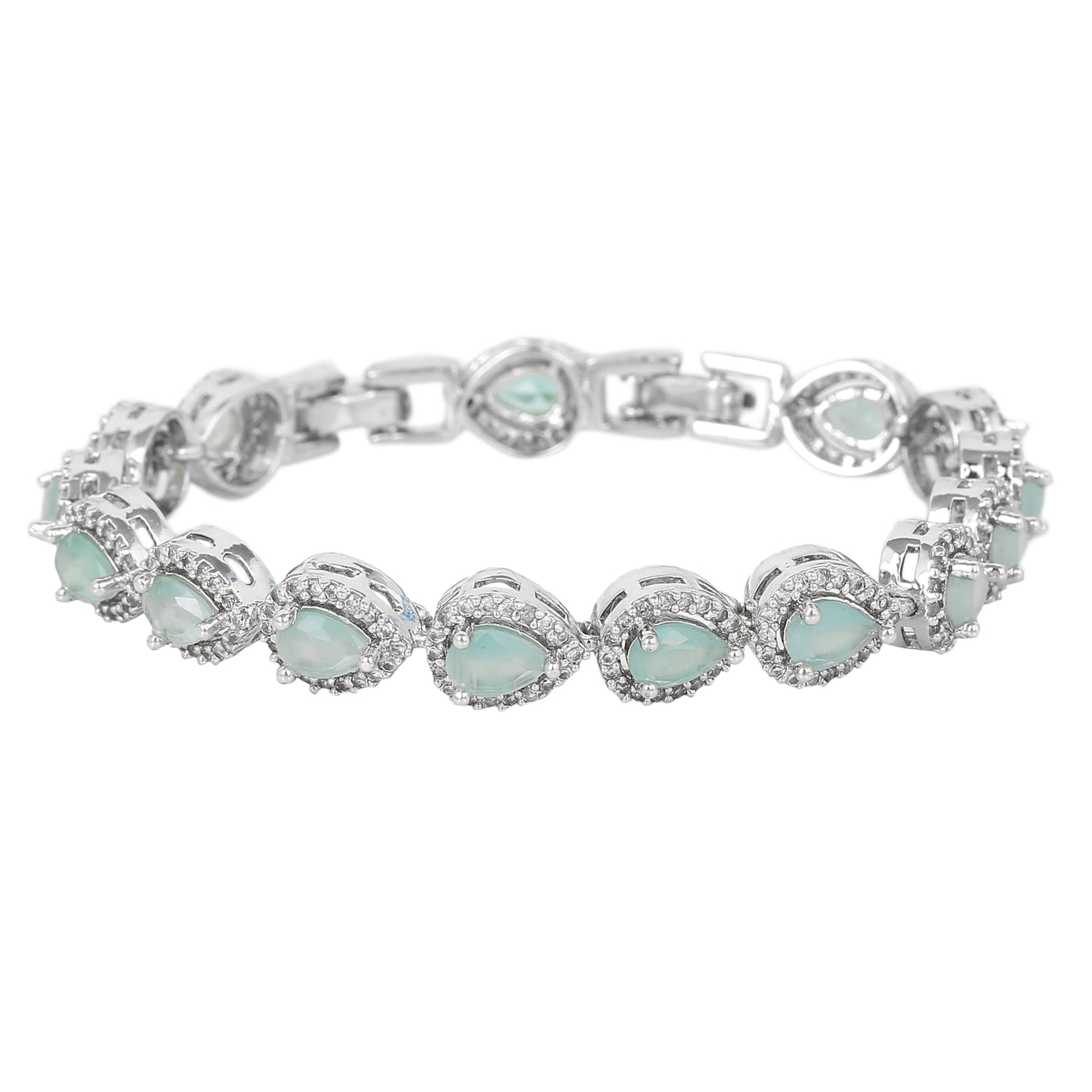 Estele Rhodium Plated CZ Classic Drop Designer Bracelet with Mint Green Stones for Women