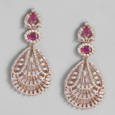 Estele Rose Gold Plated CZ Dazzling Designer Earrings with Ruby Crystals for Women