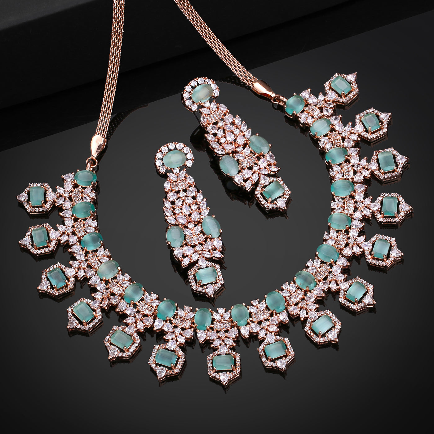 Estele Rose Gold Plated CZ Astonishing Necklace Set with Mint Green Stones for Women