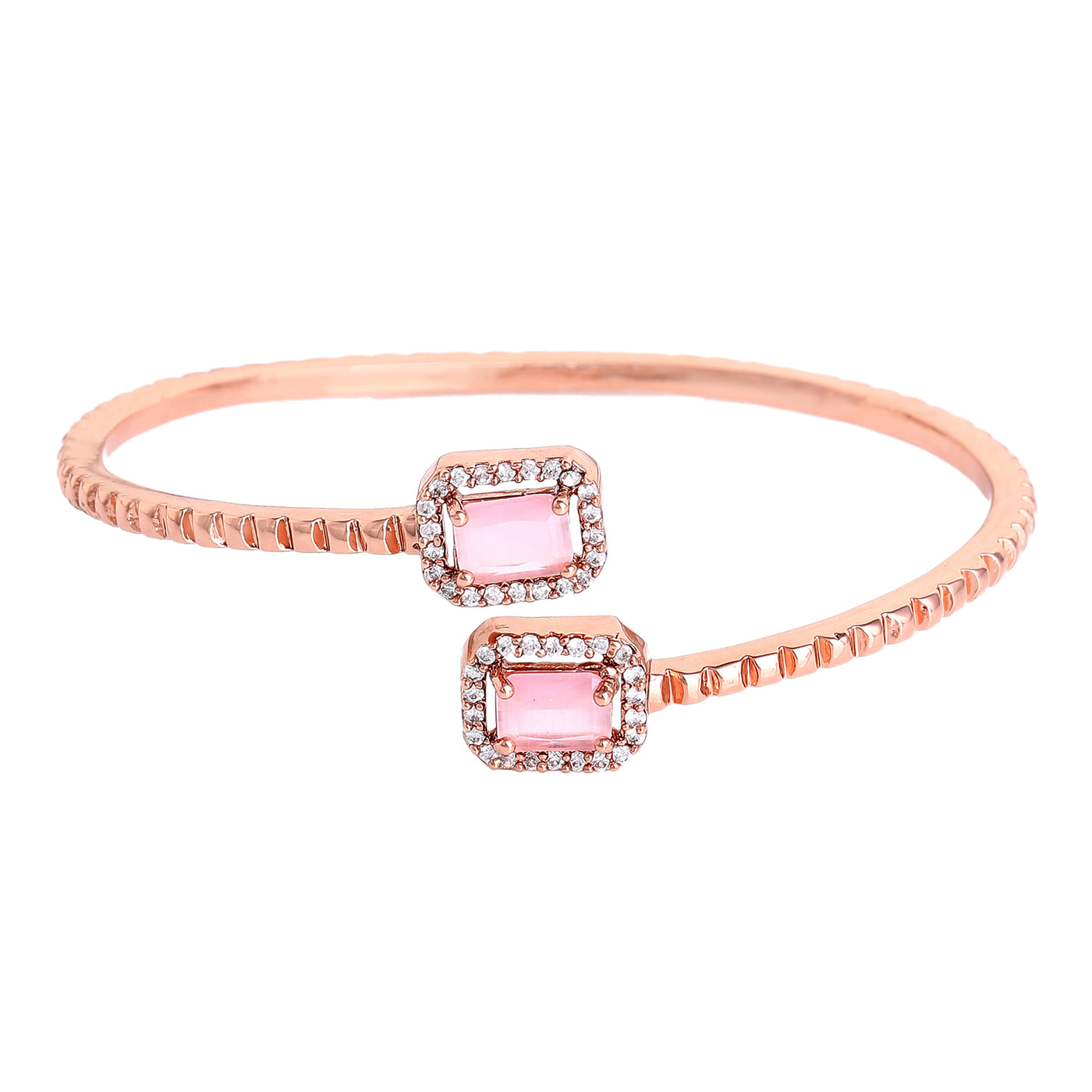 Estele Rosegold Plated Trendy Square Patterned Lightweight Kada Bracelet with Mint Pink Glittering American Diamonds for Women