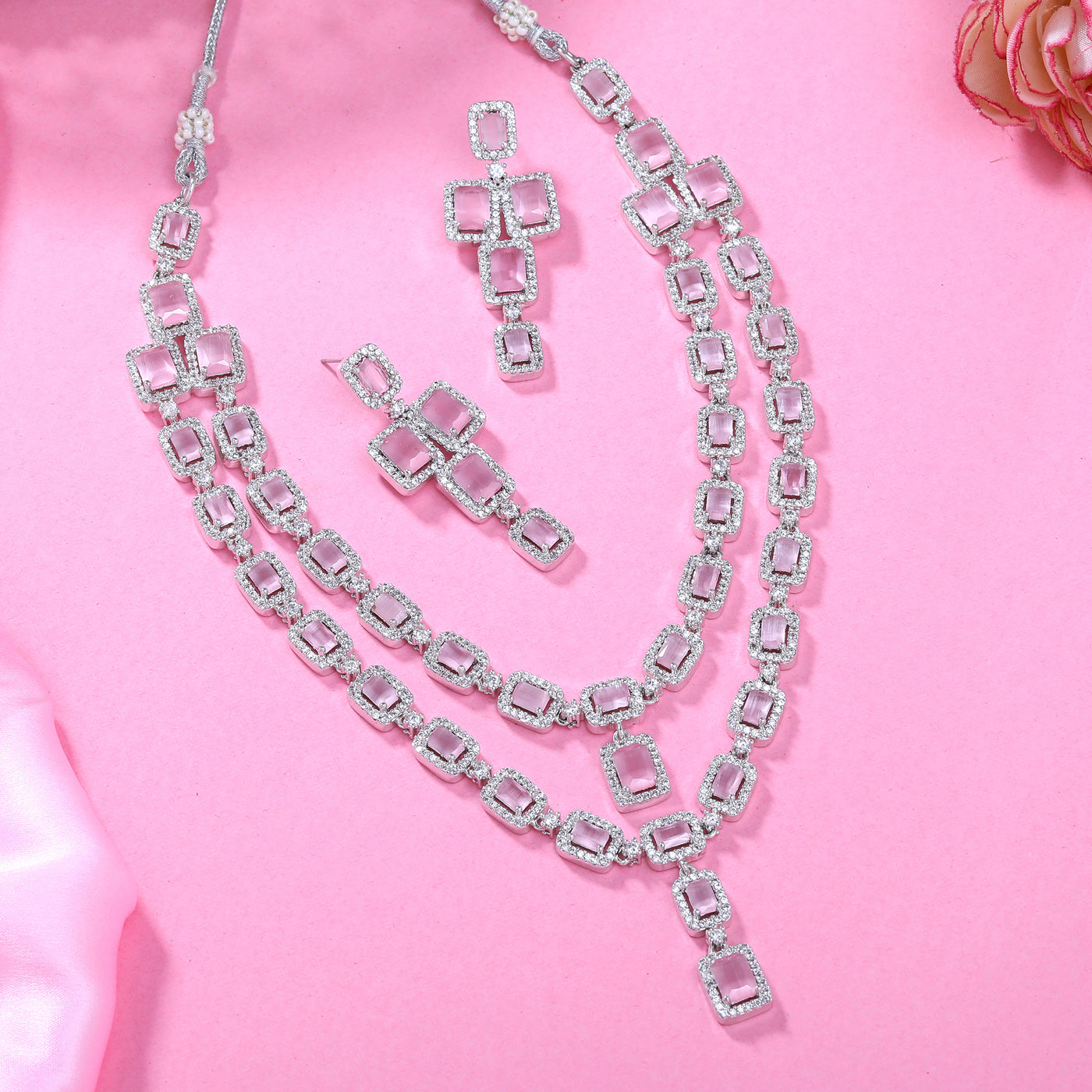 Estele Rhodium Plated CZ Ravishing Two Line Necklace Set with Mint Pink Stones for Women