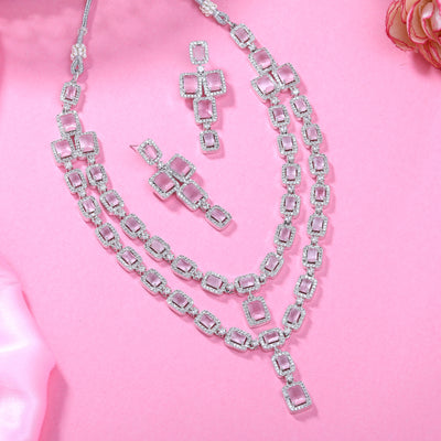 Estele Rhodium Plated CZ Ravishing Two Line Necklace Set with Mint Pink Stones for Women