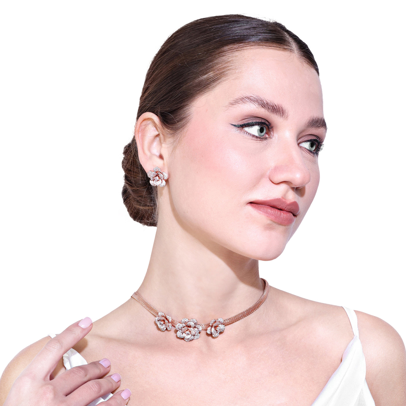 Estele Valentine Special Exclusive White American Diamond Rose Motif Necklace Set with Premium Rosegold Finish A Must-Have Statement Piece