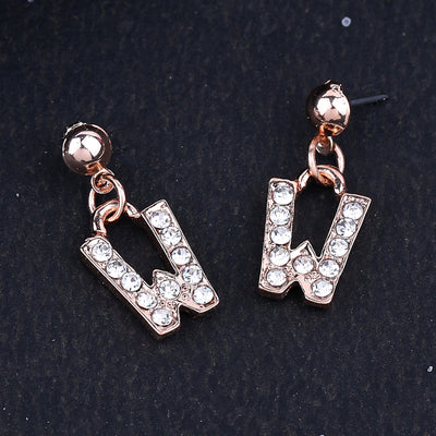 Estele Rose Gold Plated Magnificent Medium 'W' Letter Earrings with Crystals for Women