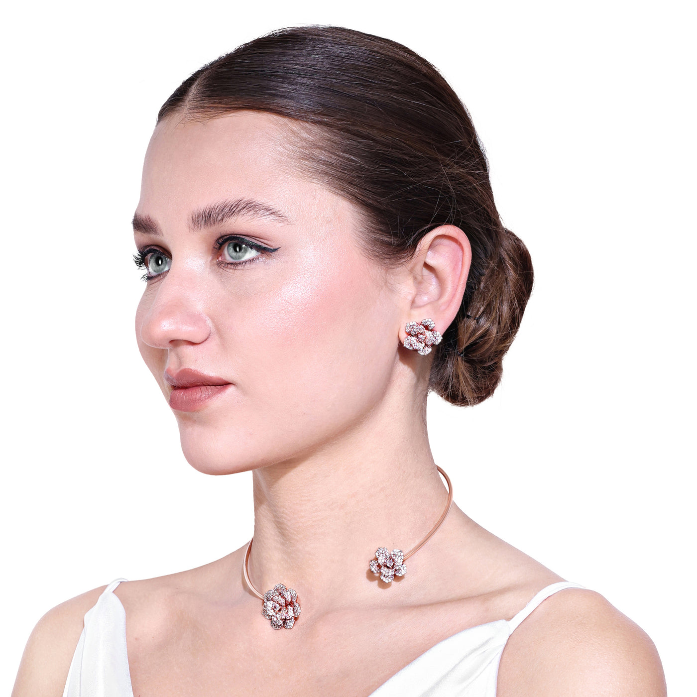 Estele Valentine Special Luxurious Lightweight White American Diamond Rose Motif Necklace Set with Rosegold FInish A Dazzling Gift of Eternal Love