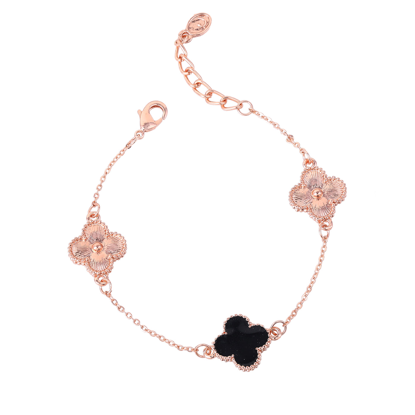 Estele Rosegold Plated Splendid Black Clover Leaf Designer Adjustable Charm Bracelet for Girls and Women