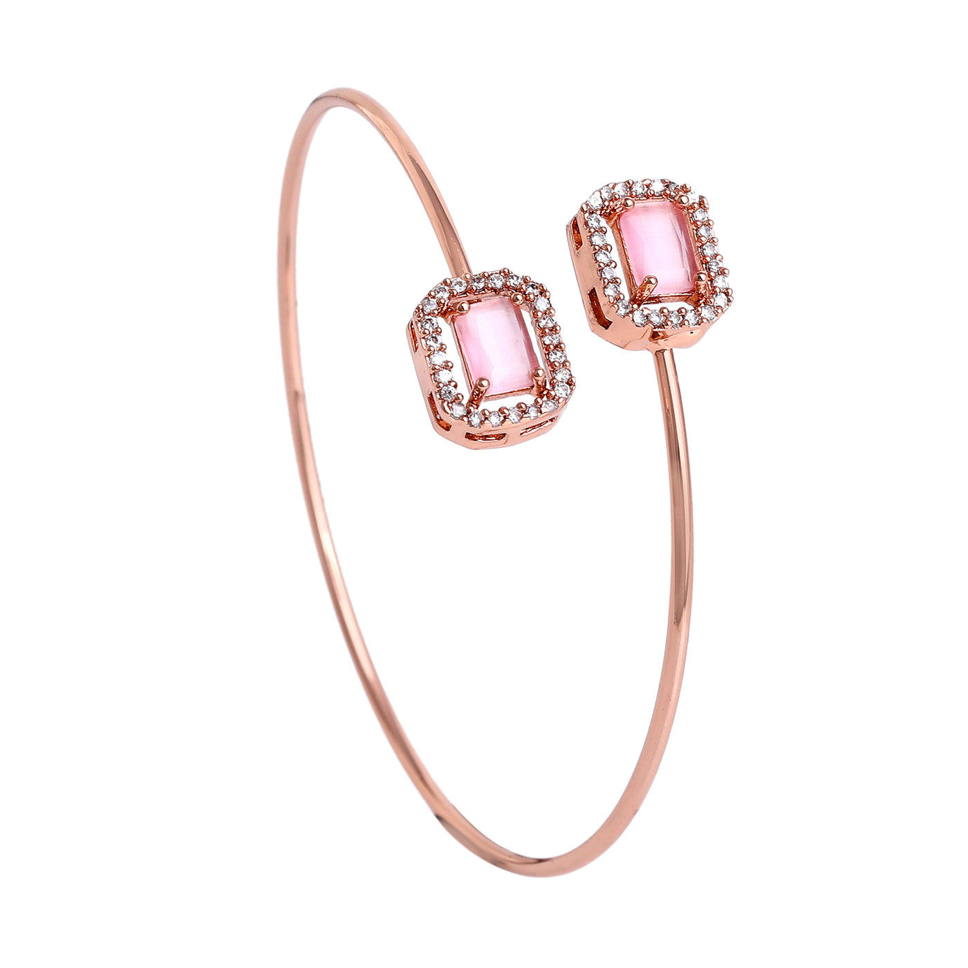 Estele Rosegold Plated Splendid Mint Pink American Diamonds Adorned Square Design Lightweight Cuff Kada Bracelet for Women