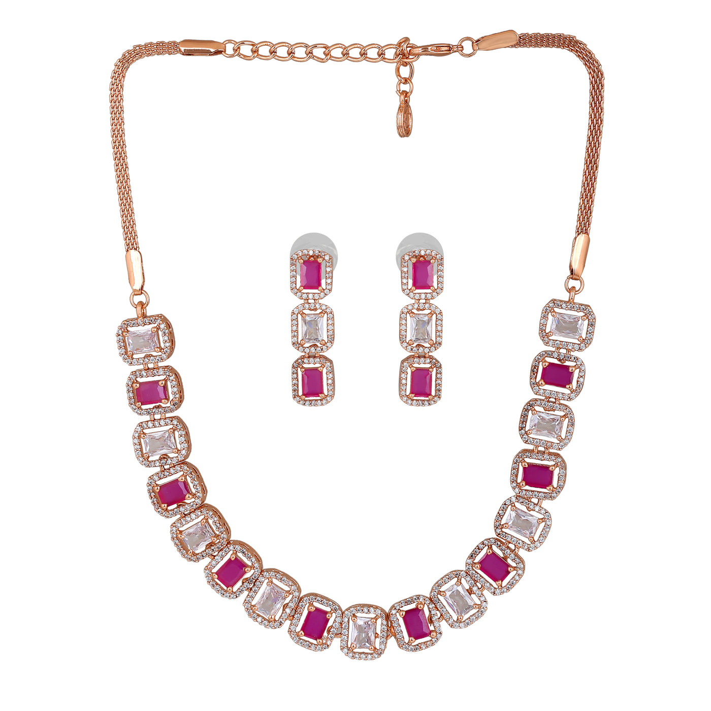 Estele Rose Gold Plated CZ Sparkling Necklace Set with Ruby for Women