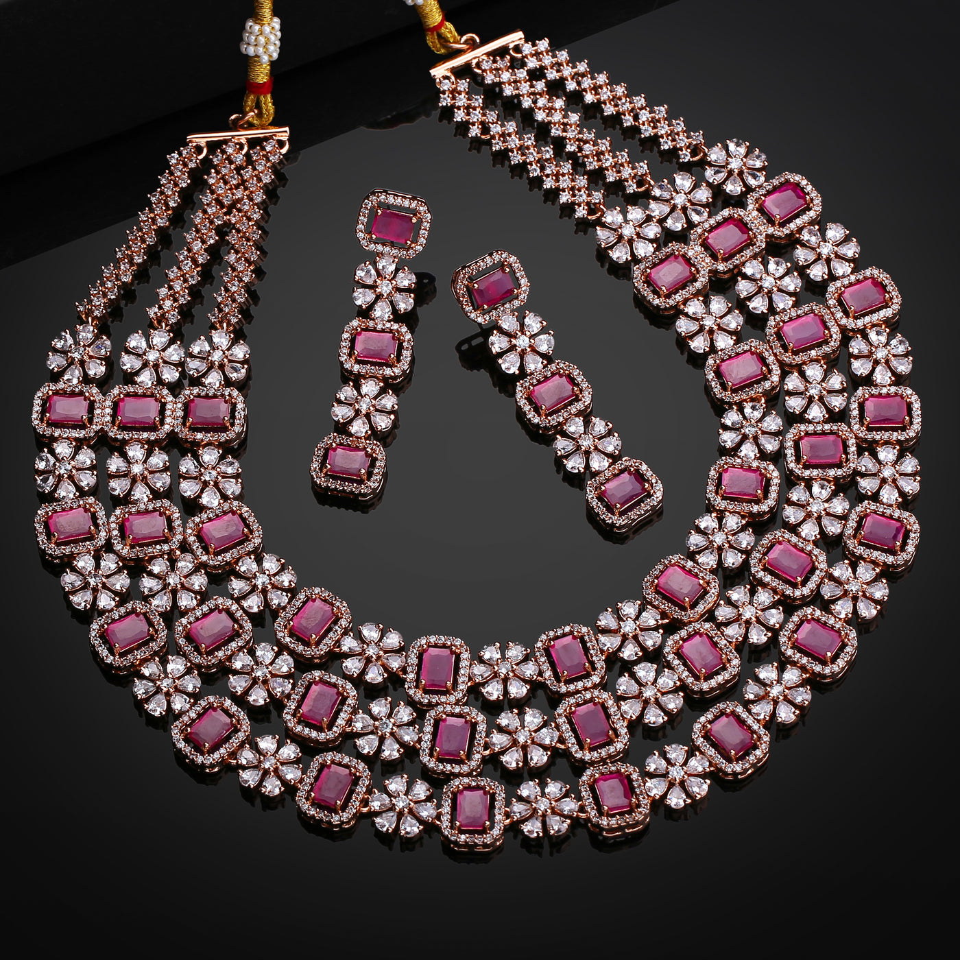 Estele Rose Gold Plated CZ Dazzling Three Layered Dulhan Necklace Set with Ruby Stones for Women