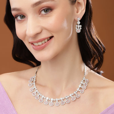 Estele Rhodium Plated CZ Shimmering Necklace Set with Mint Pink Crystals for Women