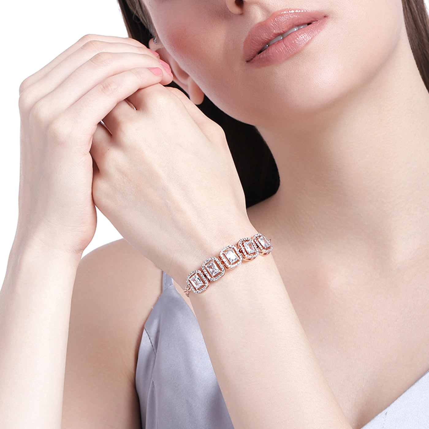 Estele Rose Gold Plated CZ Ossum Octagon Bracelet for Women