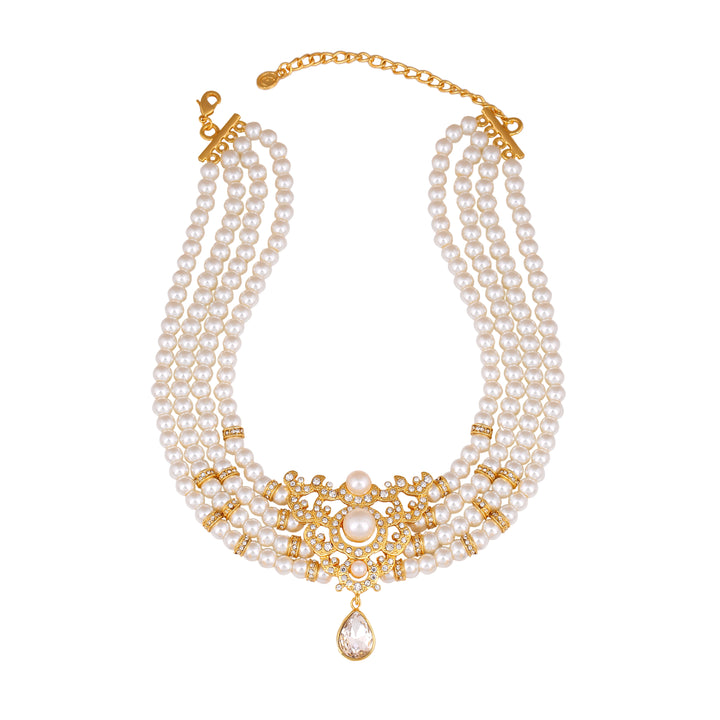 Estele Gold Plated- Elegant Pearl and Diamond Choker Necklace set for Women