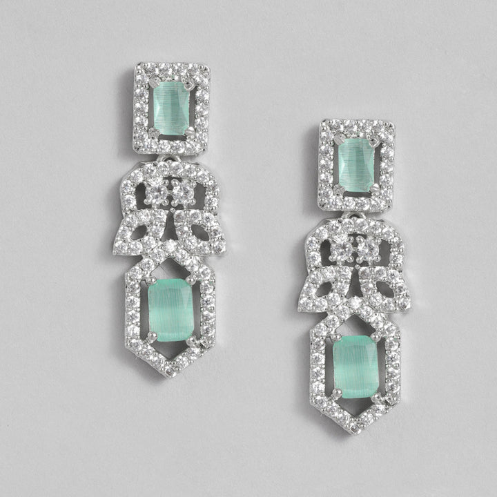 Estele Rhodium Plated CZ Shimmering Necklace Set with Mint Green Crystals for Women
