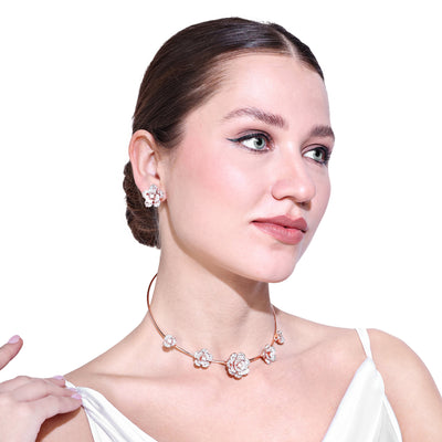 Estele Valentine Special Exclusive Rosegold Finish Intricate Floral Rose Necklace Set with White Crystals A Dazzling Gift of Eternal Love