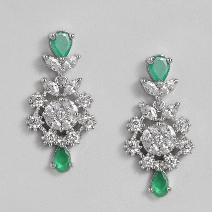 Estele Rhodium Plated CZ Glamorous Necklace Set with Green Stones for Women