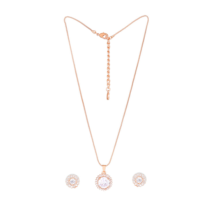 Estele Rose Gold Plated CZ Flower Designer Pendant Set with White Stones for Women