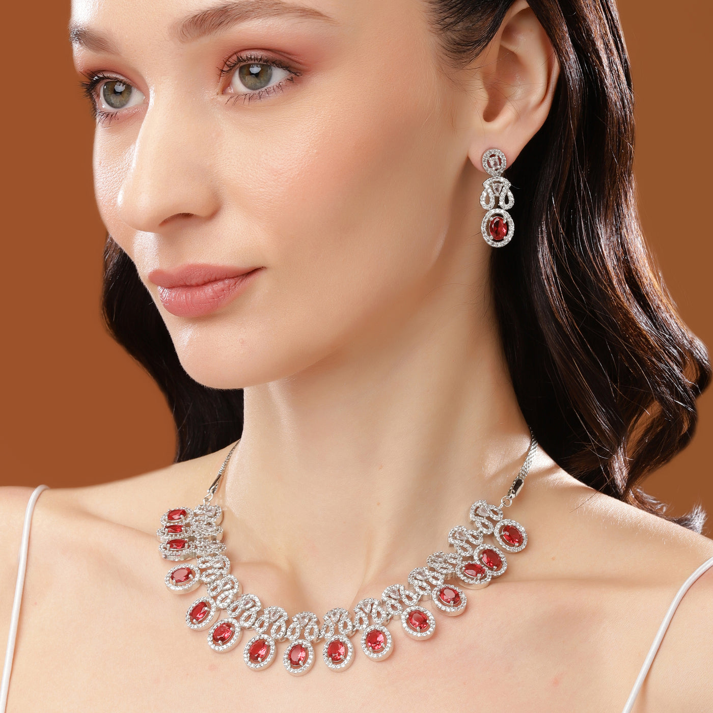 Estele Rhodium Plated CZ Beautiful Necklace Set with Ruby Crystals for Women