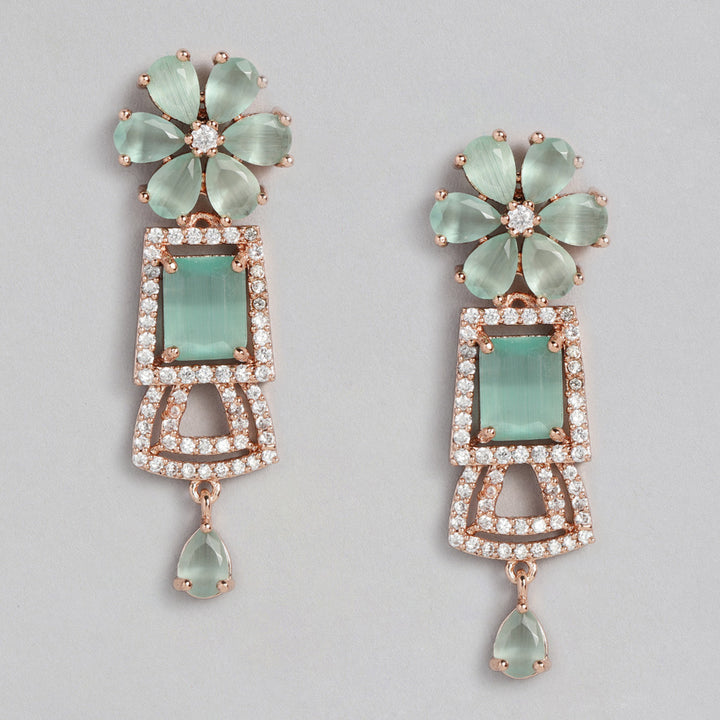 Estele Rose Gold Plated CZ Glimmering Dulhan Necklace Set with Mint Green and White Crystals for Women