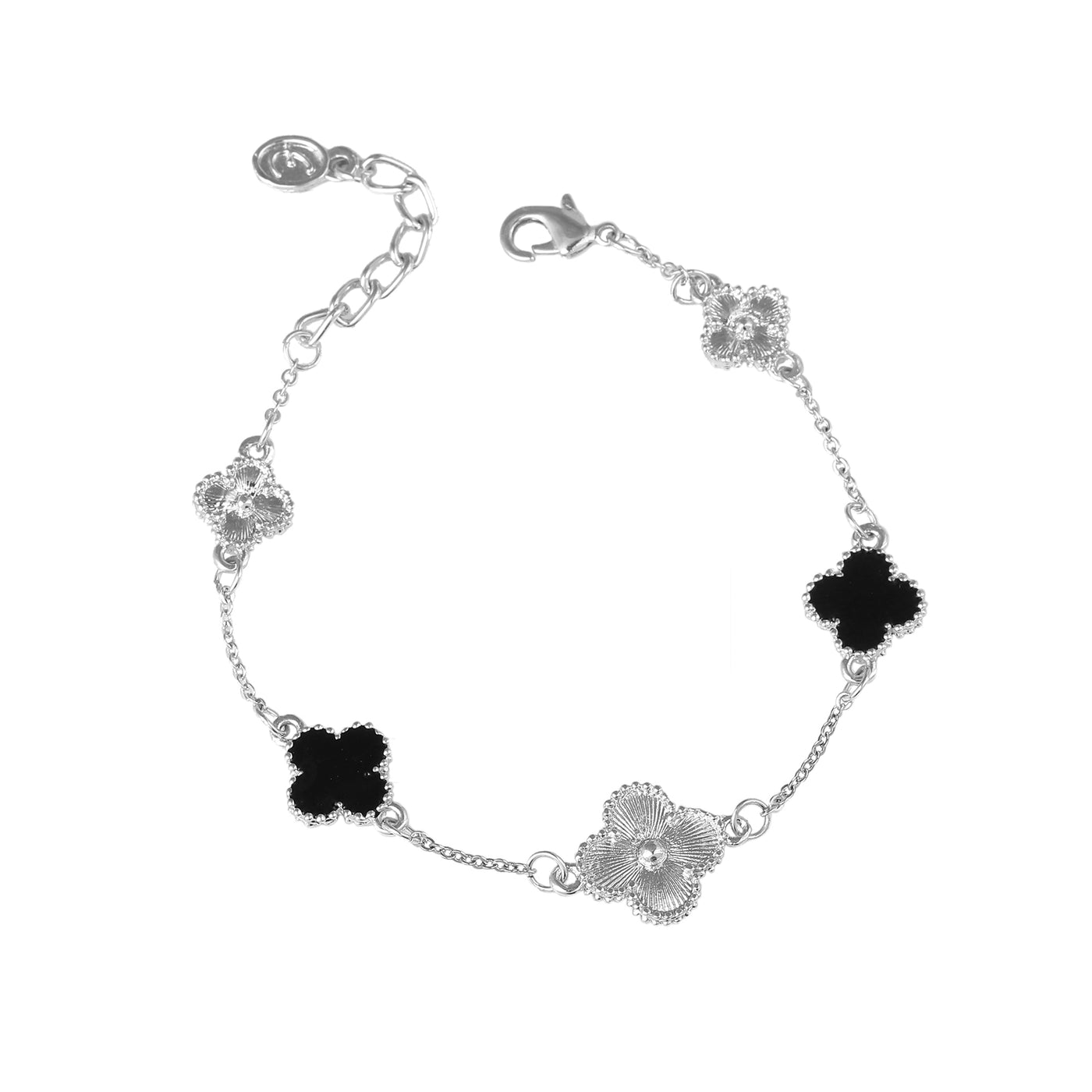 Estele Rhodium Plated Trendy & Stylish Black Clover Leaf Designer Adjustable Charm Bracelet for Girls and Women