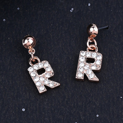 Estele Rose Gold Plated Magnificent Medium 'R' Letter Earrings with Crystals for Women